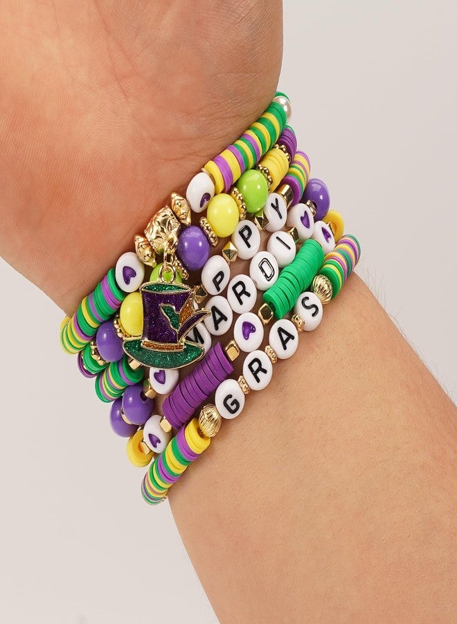 Lonext Mardi Gras Bracelets for Women Glitter Fleur De Lis Mask Jester Hat Charm Bracelets Beaded Stretch Bracelet Set for Carnival Parade Outfits Mardi Gras Accessory - Image 4